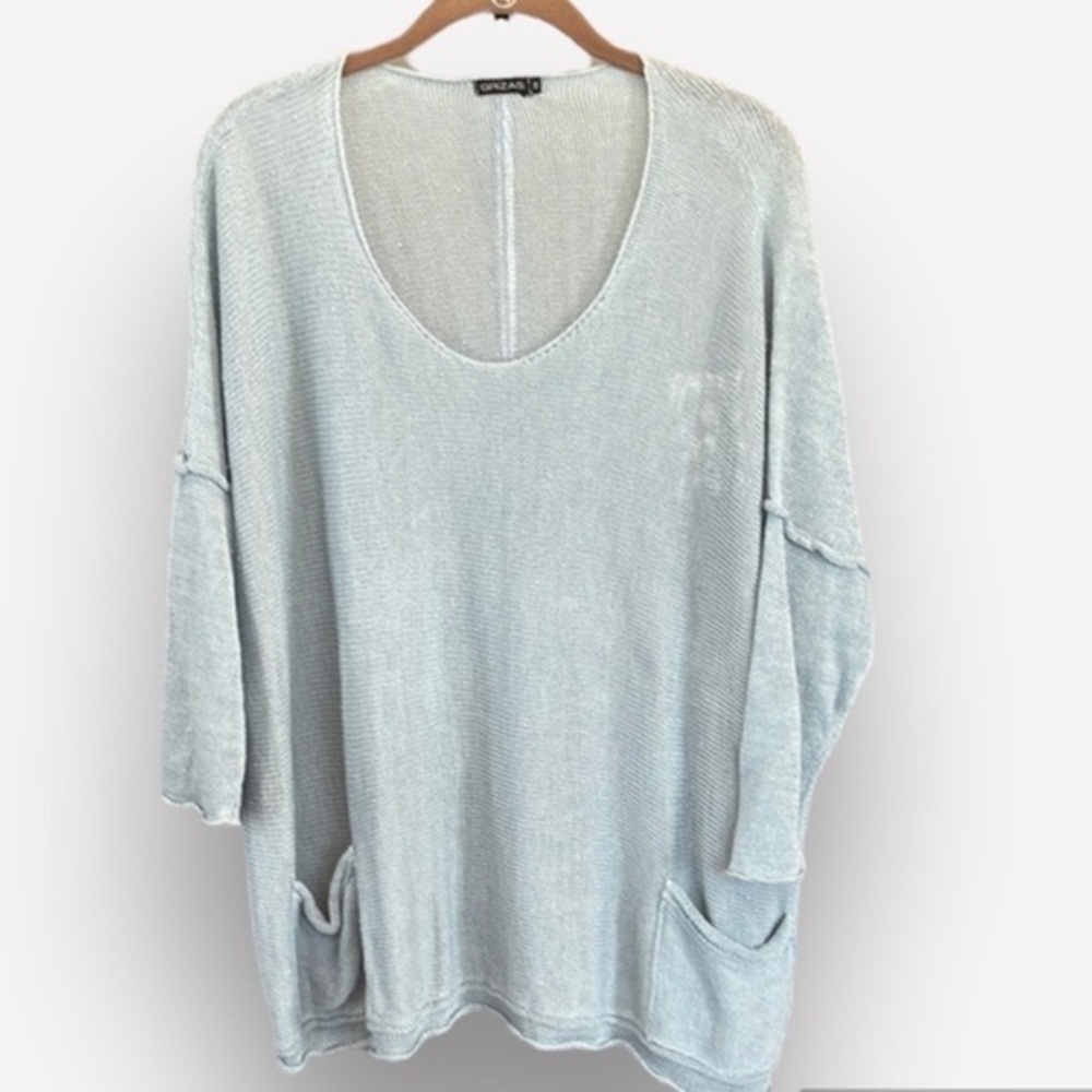🍕🪻Grizas linen loose knit sweater scoop neck patch pockets Lagenlook medium